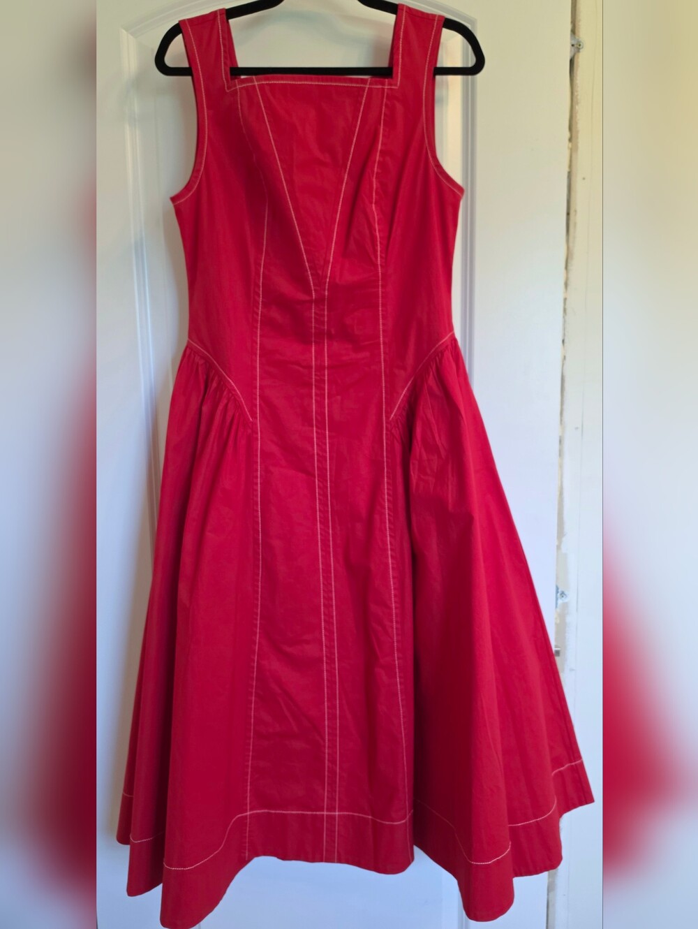 Anthropologie Red Square-Neck Midi Dress with White Stitching